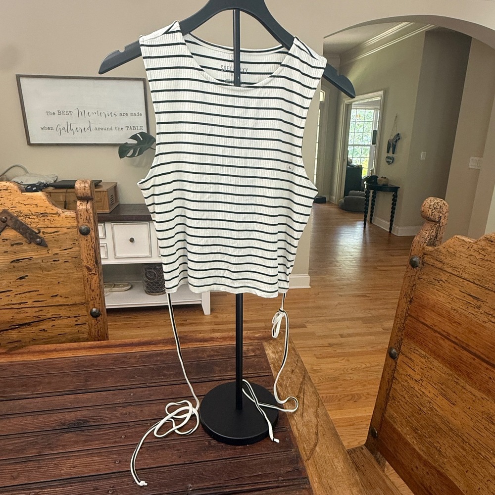 American Eagle Soft & Sexy Rib Striped Side Tie Tank Top White Black Large
